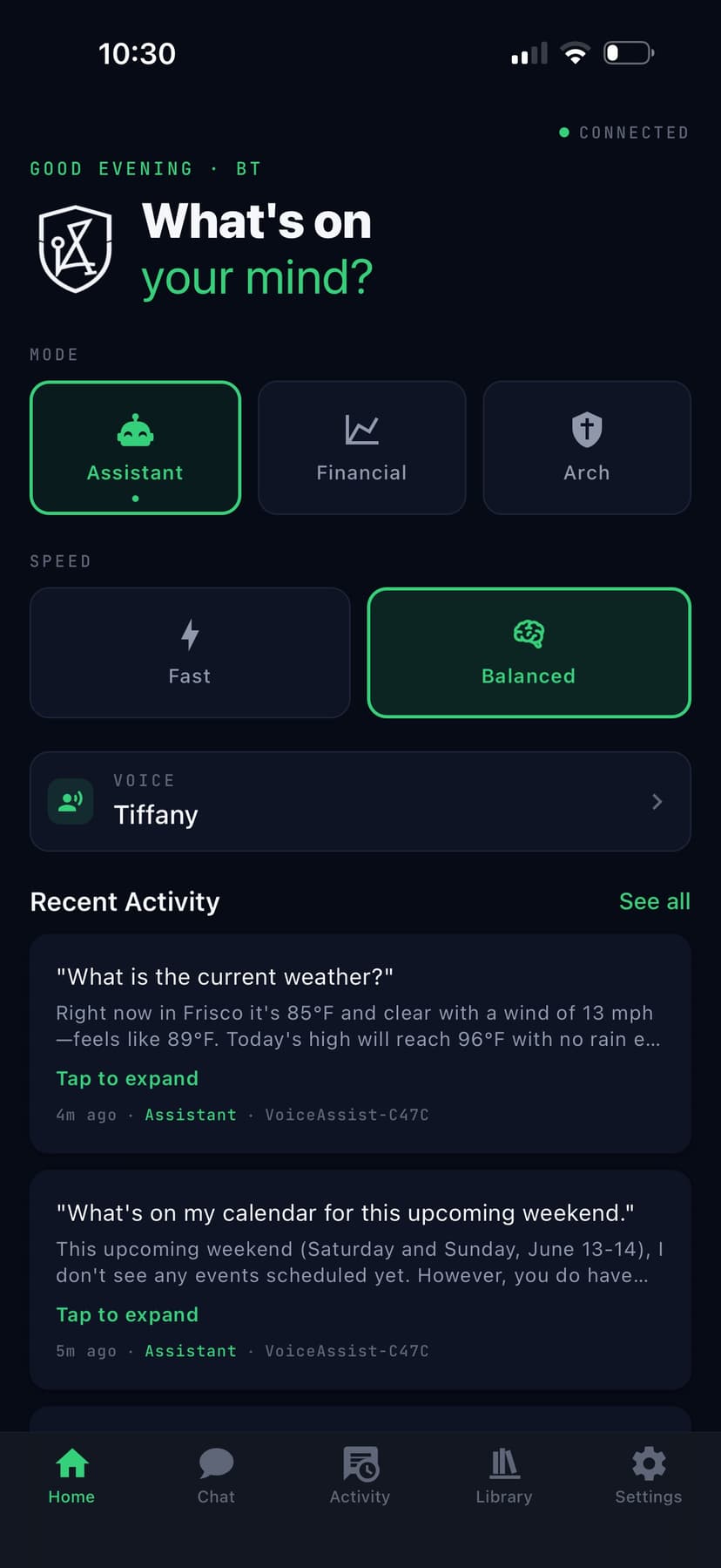 ArchAI app — Assistant mode home screen