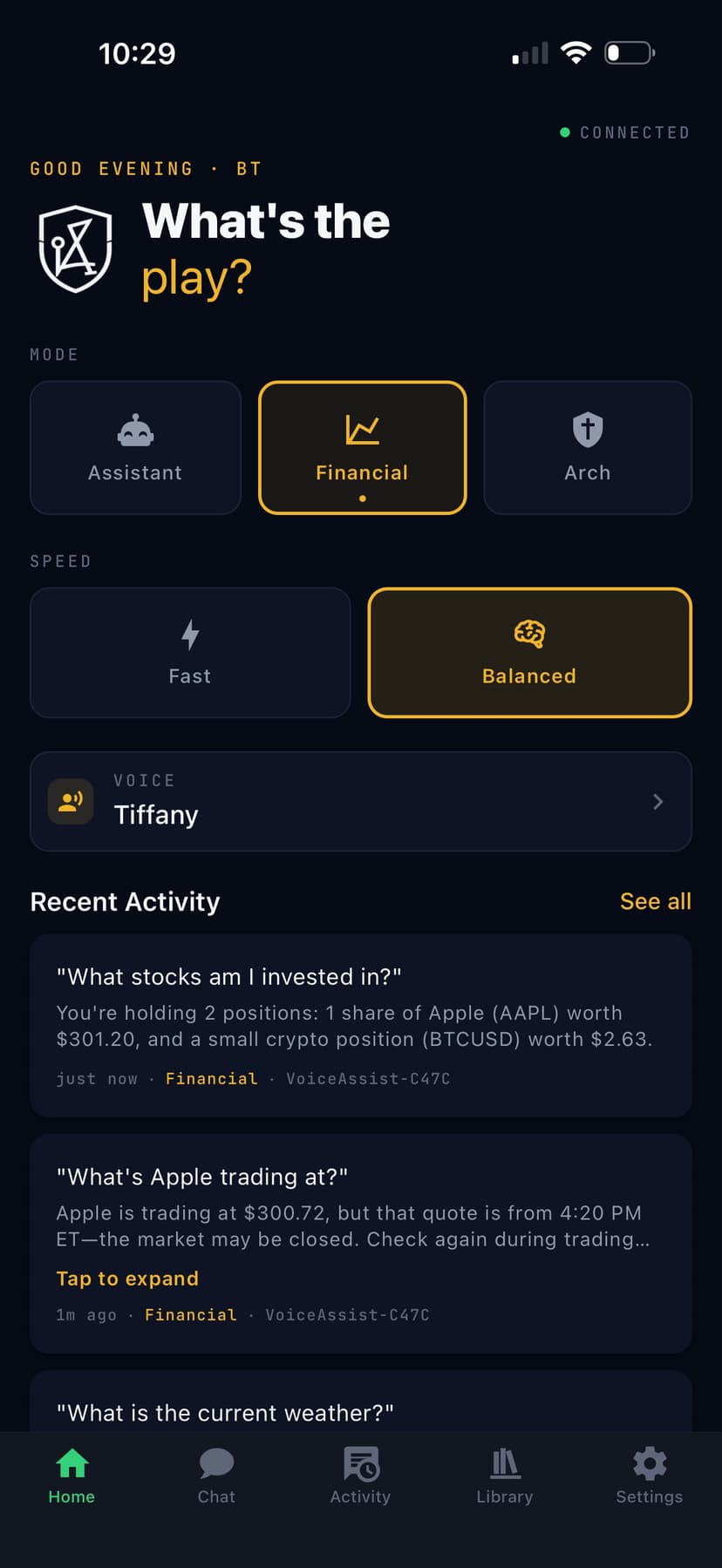 ArchAI app — Financial mode home screen