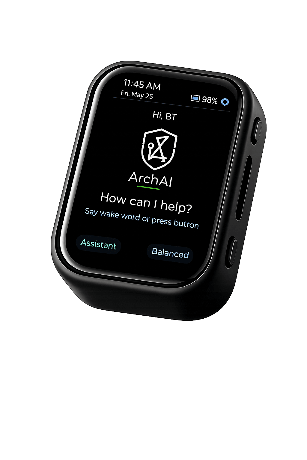 ArchAI voice device showing the idle home screen — Hi BT, how can I help?
