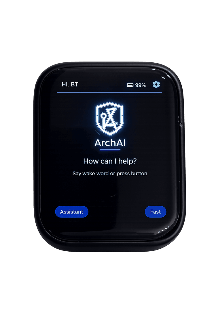 ArchAI voice assistant device showing the idle screen