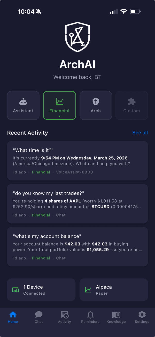 ArchAI companion app showing mode selection and conversation history